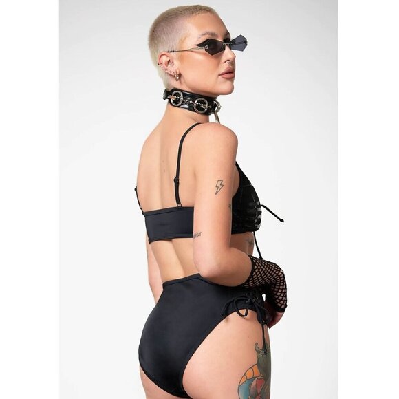 Killstar ✦ Charla Bikini ✦ Black-on-Black Print Lace-Up Top Side Tie Bottoms M - Picture 6 of 9